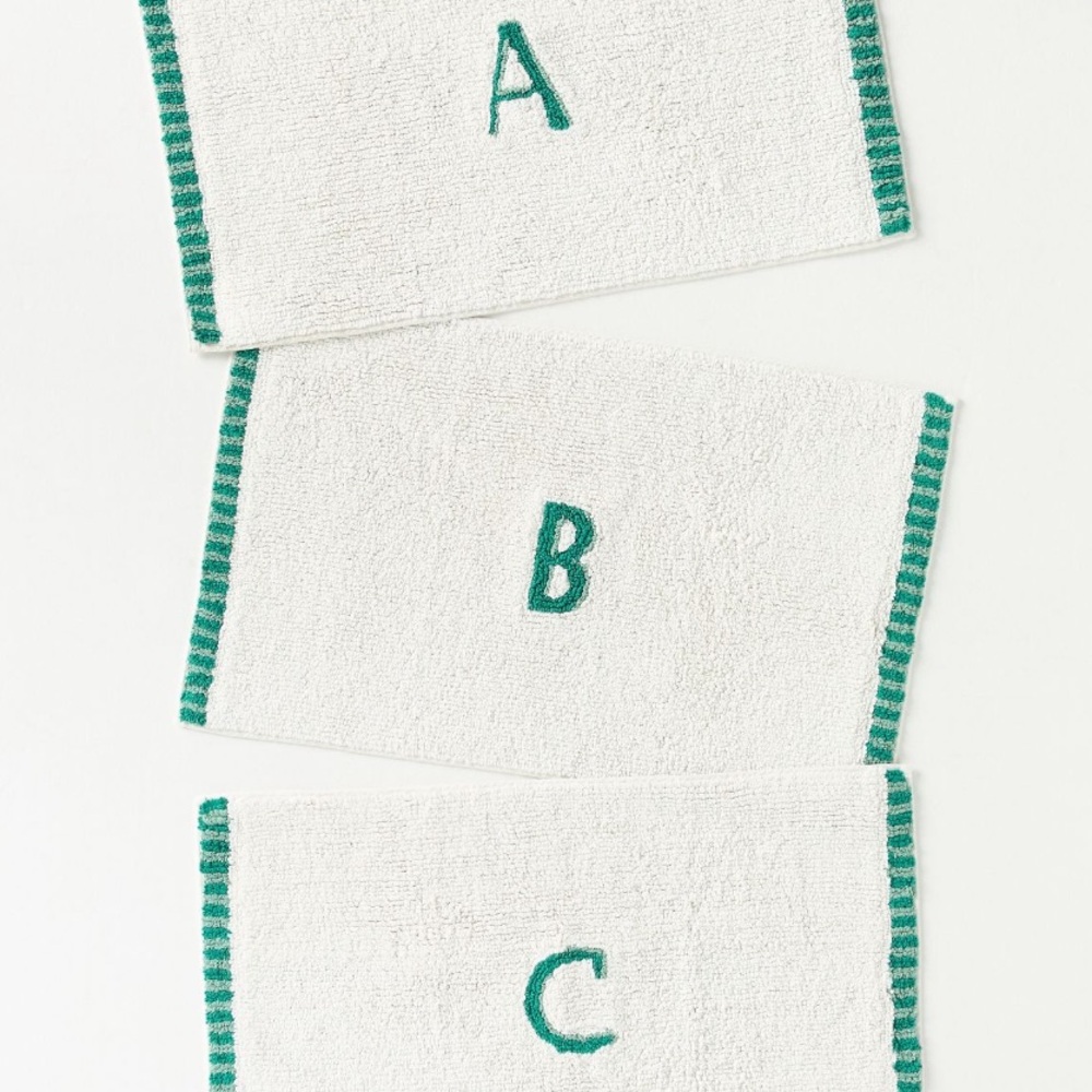 Anthropologie Monogram Embroidered Cotton Bath Mat -‎ White with Green Accents